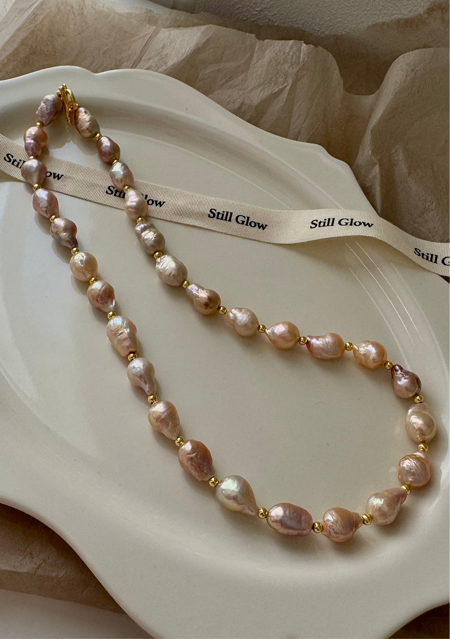 Sunset Glow | Golden-Pink Baroque Pearl Necklace, Handmade Freshwater Pearls with Gold Accents