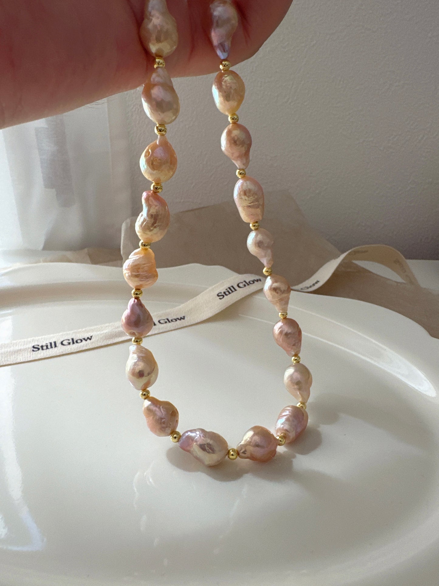 Sunset Glow | Golden-Pink Baroque Pearl Necklace, Handmade Freshwater Pearls with Gold Accents