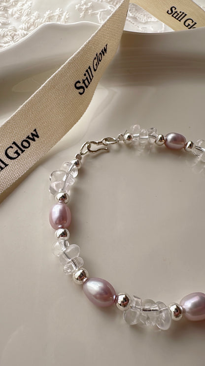 Aurora Dream｜Blush-Violet Freshwater Pearl × Clear Quartz × 925 Silver Bracelet