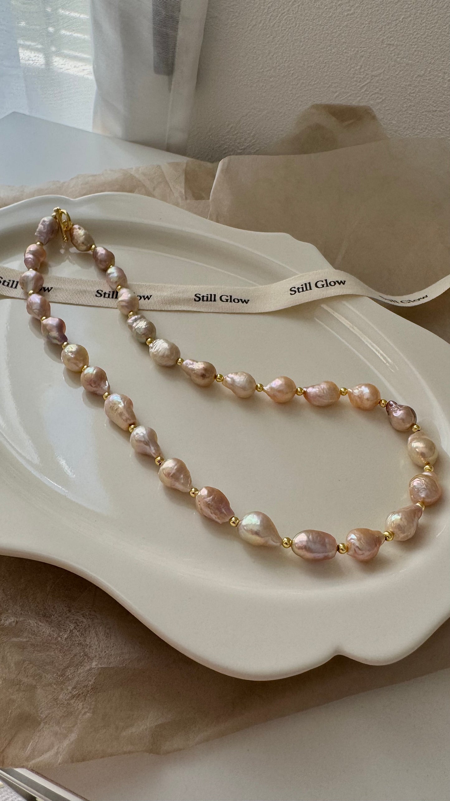 Sunset Glow | Golden-Pink Baroque Pearl Necklace, Handmade Freshwater Pearls with Gold Accents