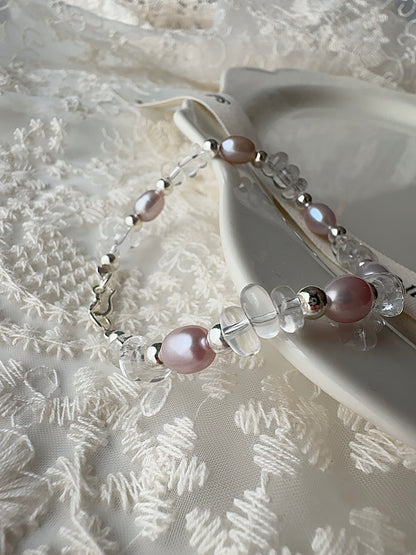 Aurora Dream｜Blush-Violet Freshwater Pearl × Clear Quartz × 925 Silver Bracelet