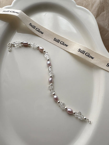 Aurora Dream｜Blush-Violet Freshwater Pearl × Clear Quartz × 925 Silver Bracelet