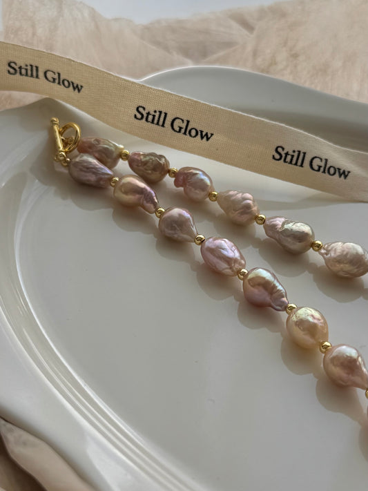 Sunset Glow | Golden-Pink Baroque Pearl Necklace, Handmade Freshwater Pearls with Gold Accents