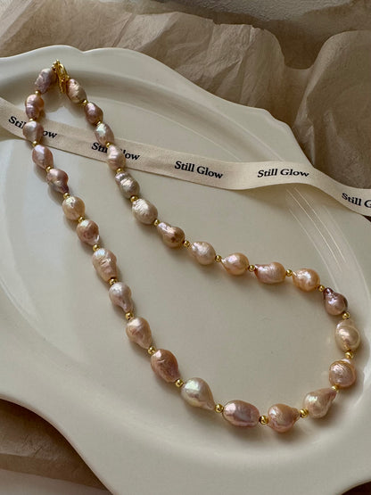 Sunset Glow | Golden-Pink Baroque Pearl Necklace, Handmade Freshwater Pearls with Gold Accents