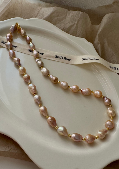 Sunset Glow | Golden-Pink Baroque Pearl Necklace, Handmade Freshwater Pearls with Gold Accents