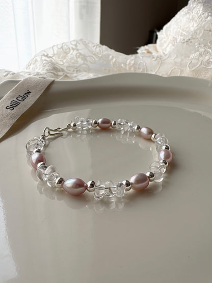 Aurora Dream｜Blush-Violet Freshwater Pearl × Clear Quartz × 925 Silver Bracelet