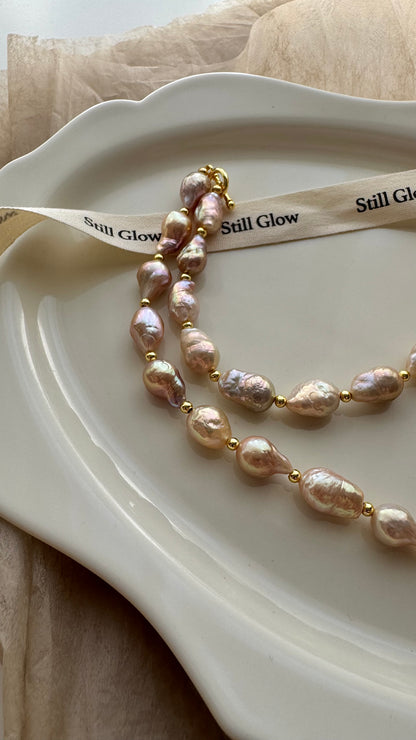 Sunset Glow | Golden-Pink Baroque Pearl Necklace, Handmade Freshwater Pearls with Gold Accents