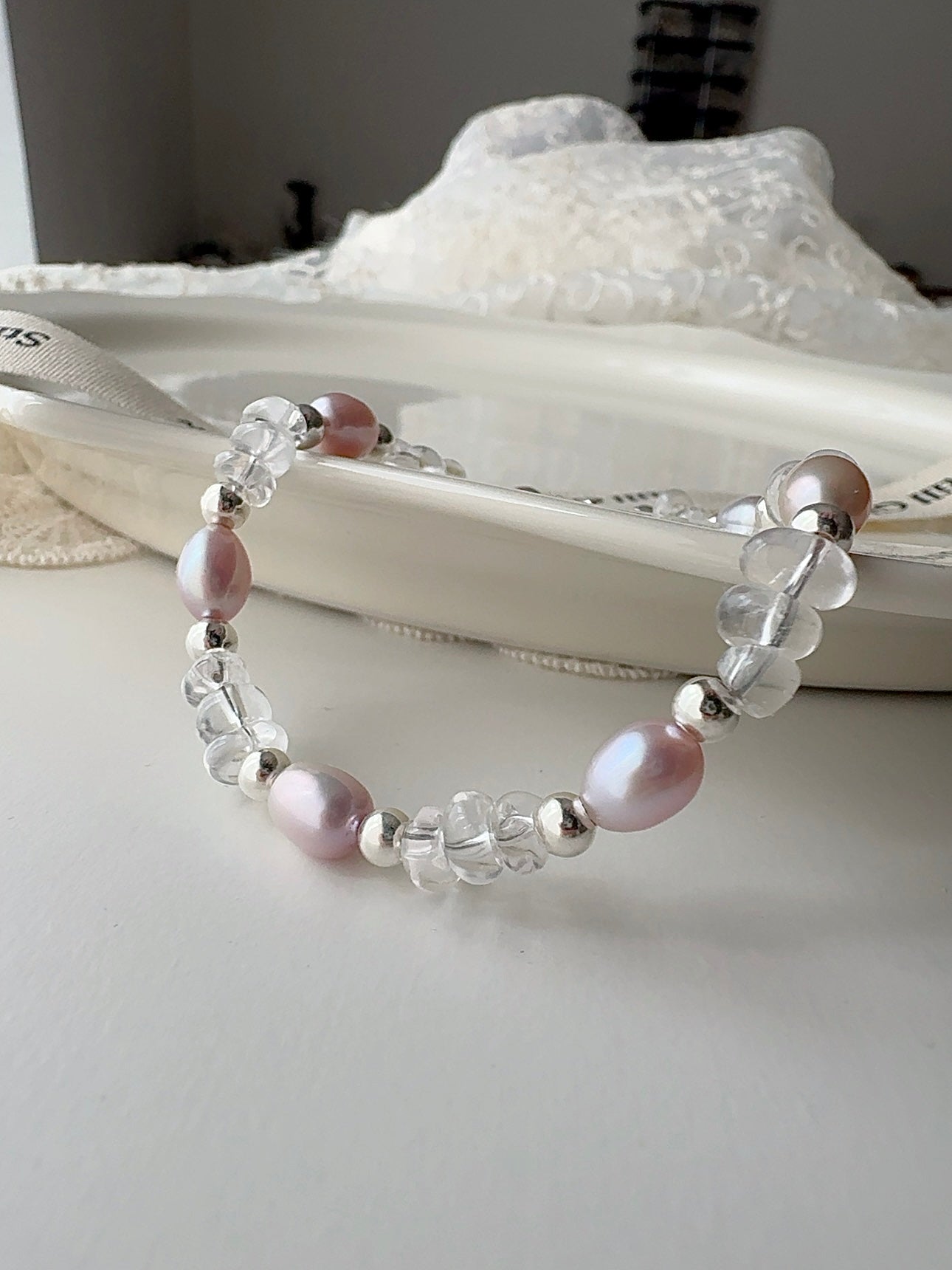 Aurora Dream｜Blush-Violet Freshwater Pearl × Clear Quartz × 925 Silver Bracelet