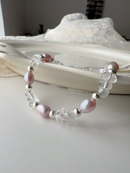 Aurora Dream｜Blush-Violet Freshwater Pearl × Clear Quartz × 925 Silver Bracelet