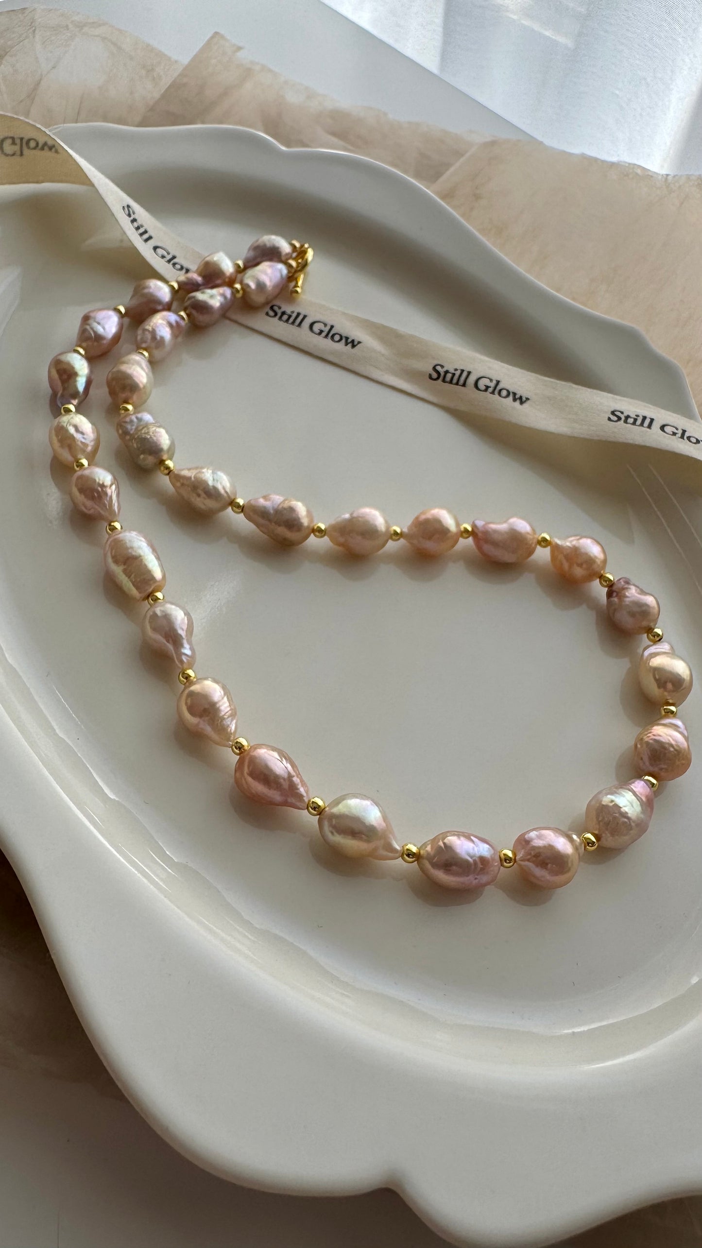 Sunset Glow | Golden-Pink Baroque Pearl Necklace, Handmade Freshwater Pearls with Gold Accents