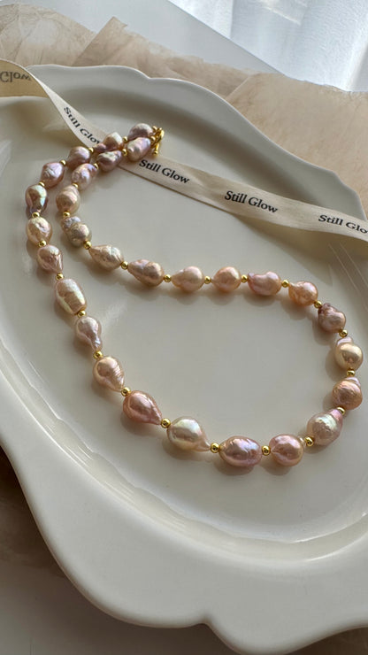 Sunset Glow | Golden-Pink Baroque Pearl Necklace, Handmade Freshwater Pearls with Gold Accents