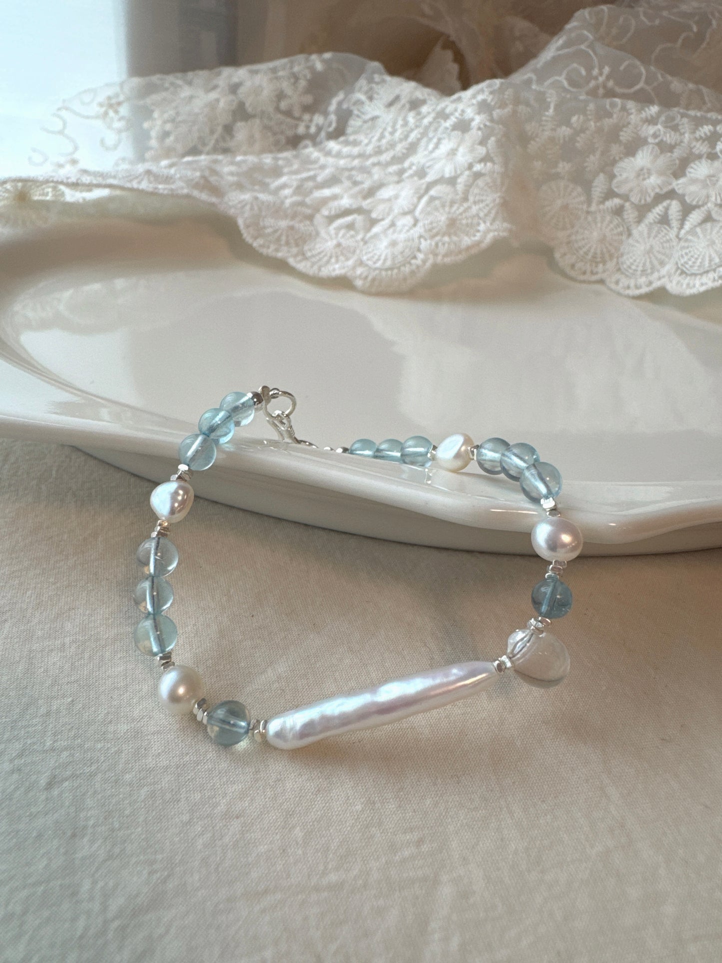 Mermaid’s Tear｜Aquamarine × Pearl × 925 Silver Bracelet
