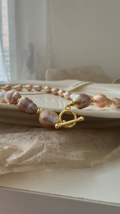 Sunset Glow | Golden-Pink Baroque Pearl Necklace, Handmade Freshwater Pearls with Gold Accents