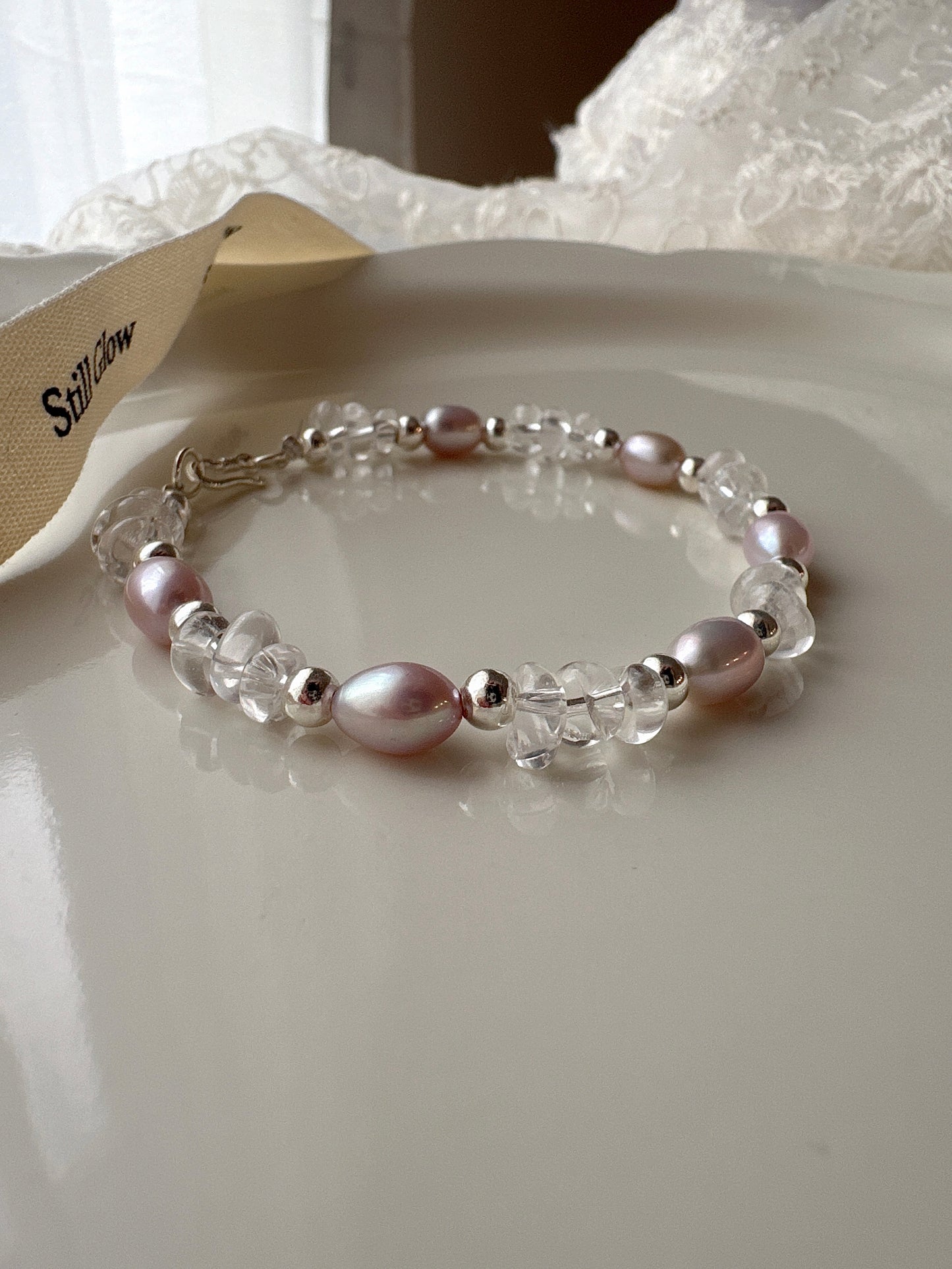 Aurora Dream｜Blush-Violet Freshwater Pearl × Clear Quartz × 925 Silver Bracelet