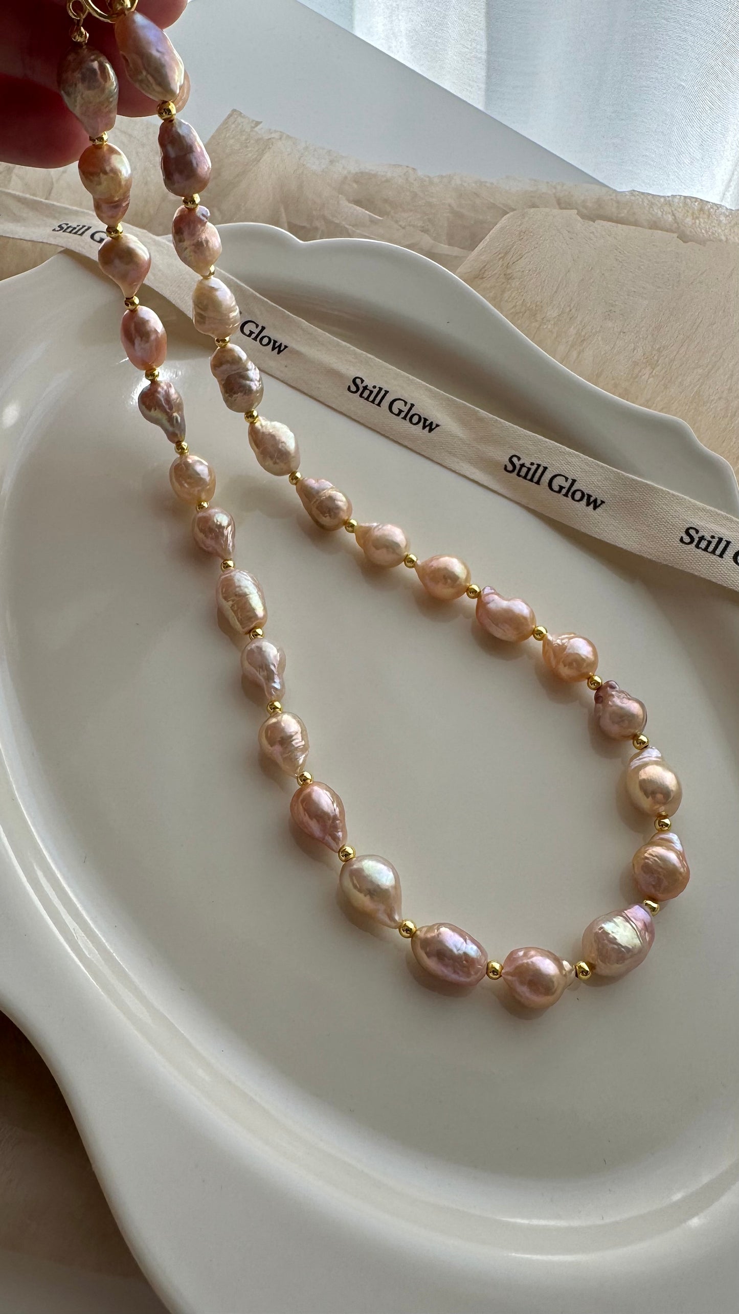 Sunset Glow | Golden-Pink Baroque Pearl Necklace, Handmade Freshwater Pearls with Gold Accents
