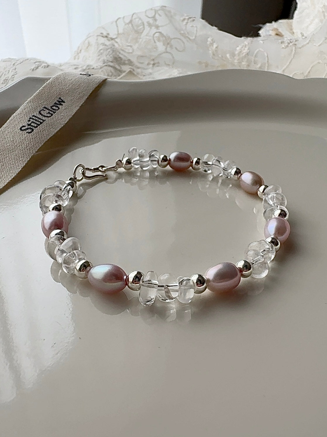 Aurora Dream｜Blush-Violet Freshwater Pearl × Clear Quartz × 925 Silver Bracelet