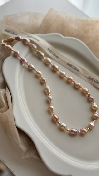 Sunset Glow | Golden-Pink Baroque Pearl Necklace, Handmade Freshwater Pearls with Gold Accents