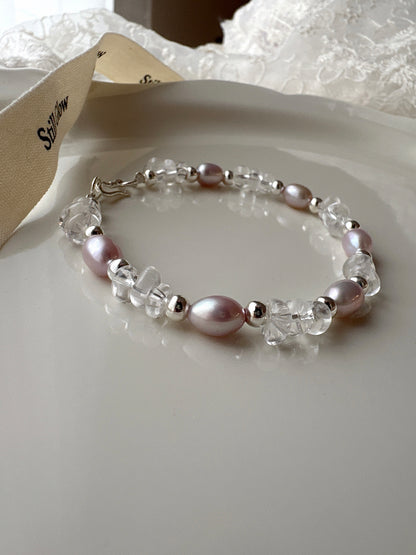 Aurora Dream｜Blush-Violet Freshwater Pearl × Clear Quartz × 925 Silver Bracelet