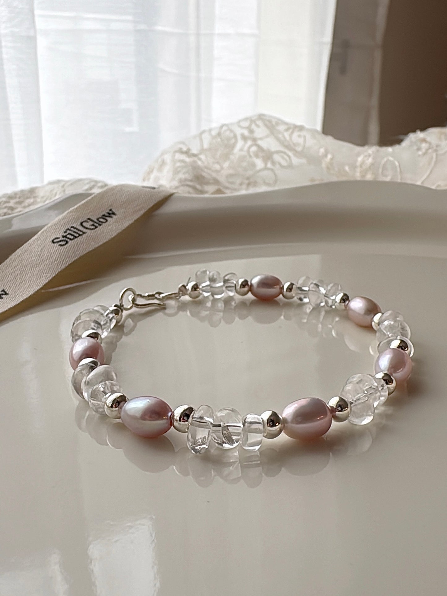 Aurora Dream｜Blush-Violet Freshwater Pearl × Clear Quartz × 925 Silver Bracelet
