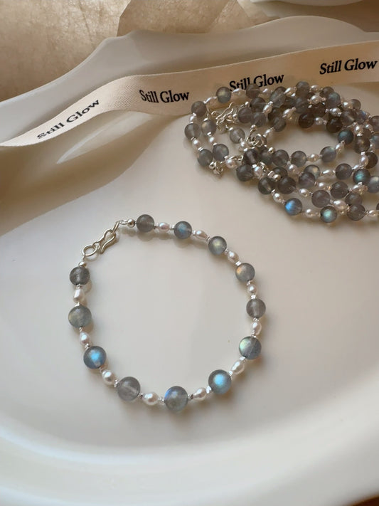 Lunar Mist｜Labradorite & Freshwater Pearl 925 Silver Bracelet