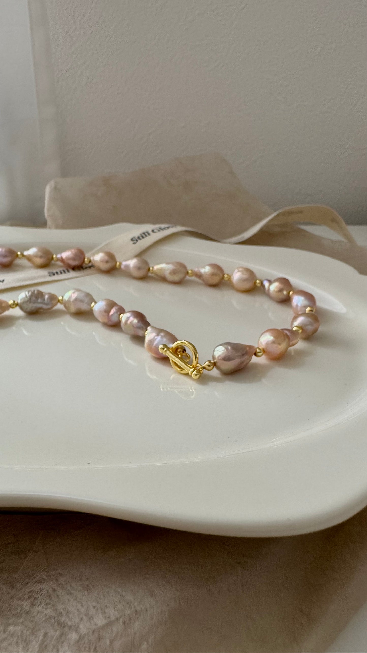 Sunset Glow | Golden-Pink Baroque Pearl Necklace, Handmade Freshwater Pearls with Gold Accents
