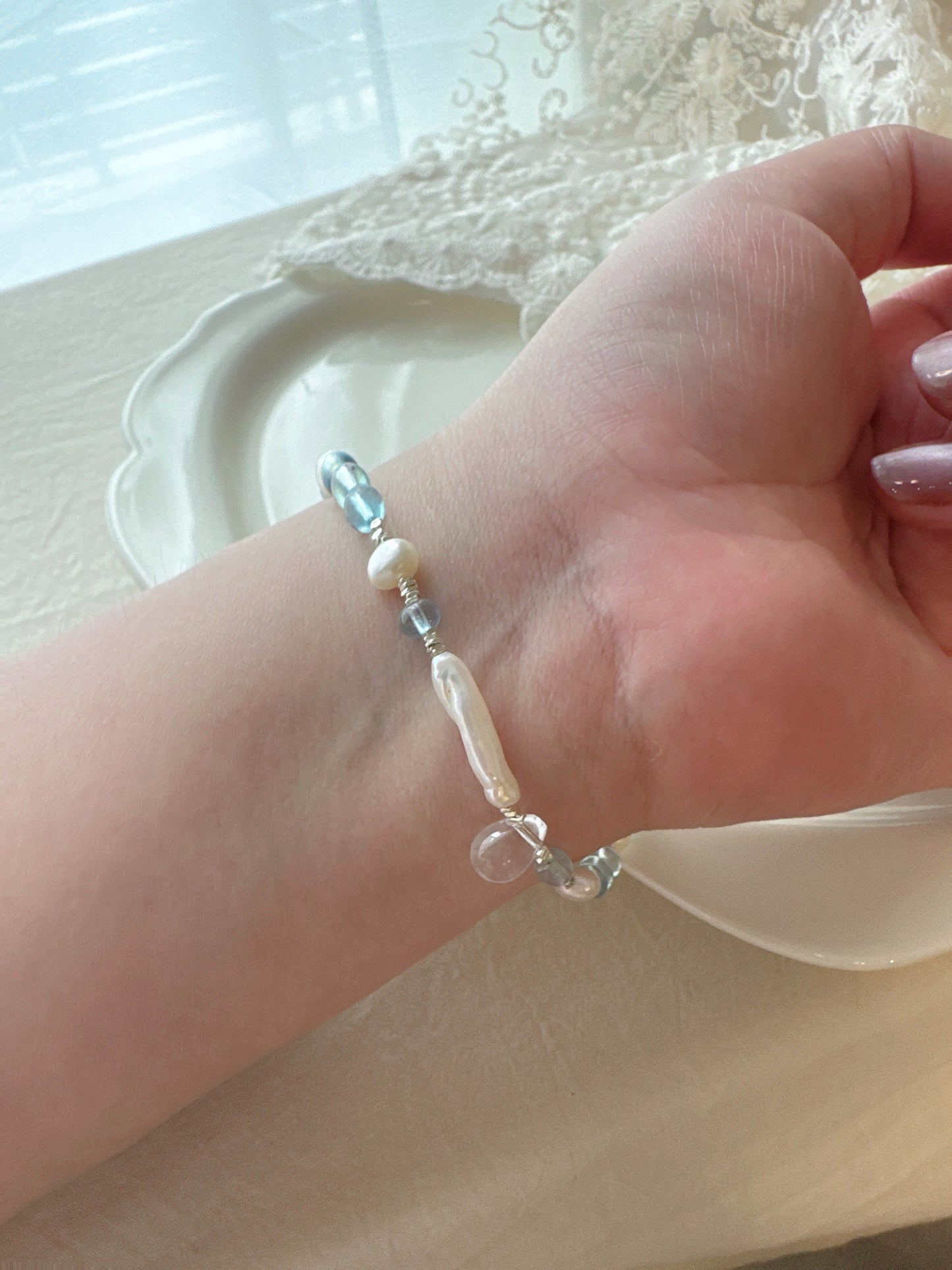 Mermaid’s Tear｜Aquamarine × Pearl × 925 Silver Bracelet