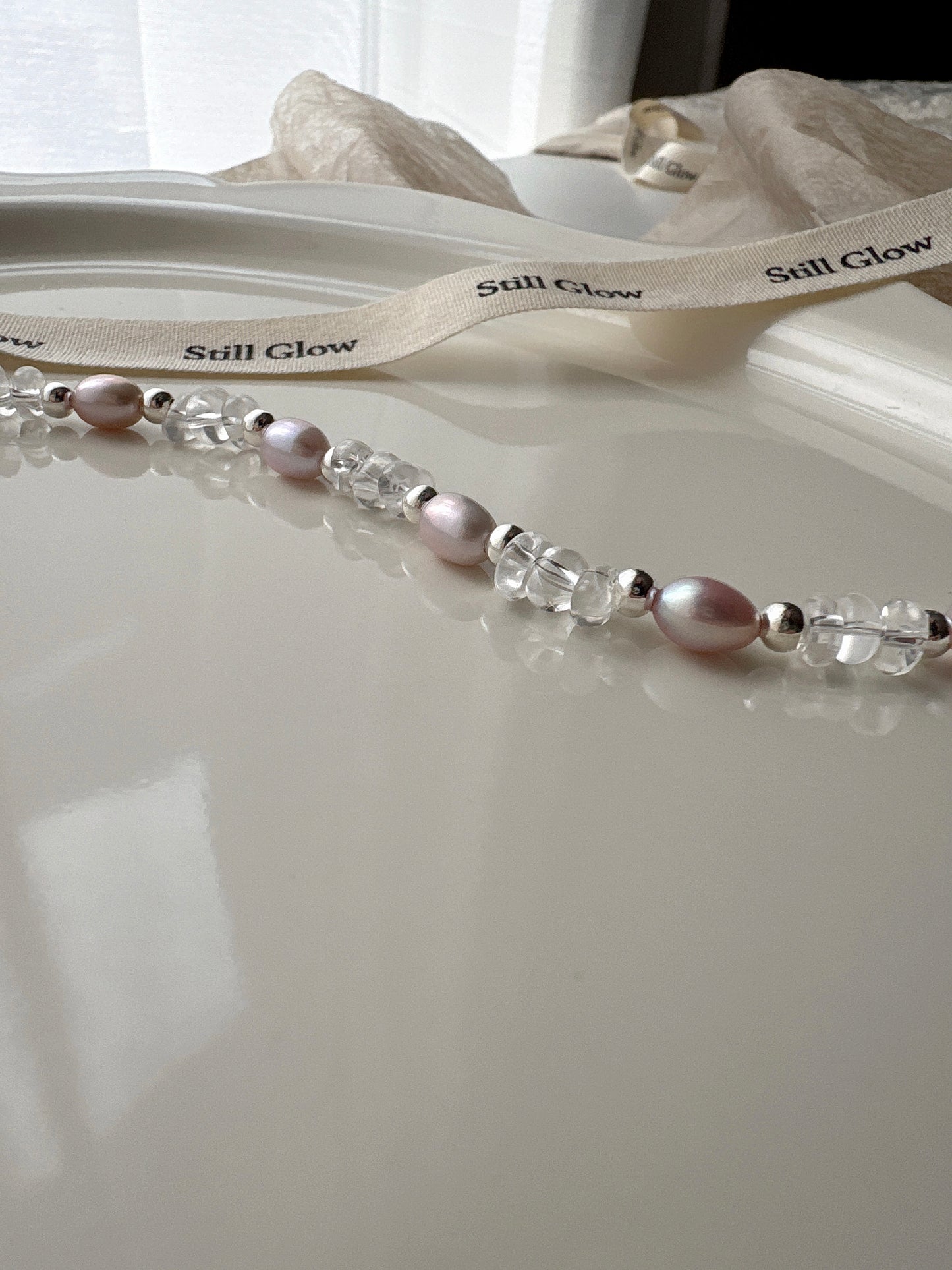 Aurora Dream｜Blush-Violet Freshwater Pearl × Clear Quartz × 925 Silver Bracelet