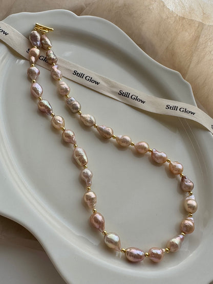 Sunset Glow | Golden-Pink Baroque Pearl Necklace, Handmade Freshwater Pearls with Gold Accents
