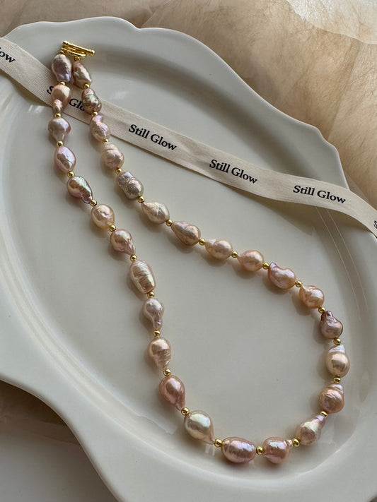 Sunset Glow | Golden-Pink Baroque Pearl Necklace, Handmade Freshwater Pearls with Gold Accents