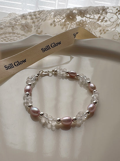 Aurora Dream｜Blush-Violet Freshwater Pearl × Clear Quartz × 925 Silver Bracelet