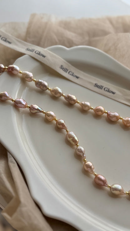 Sunset Glow | Golden-Pink Baroque Pearl Necklace, Handmade Freshwater Pearls with Gold Accents