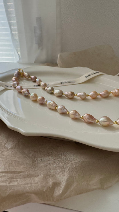Sunset Glow | Golden-Pink Baroque Pearl Necklace, Handmade Freshwater Pearls with Gold Accents