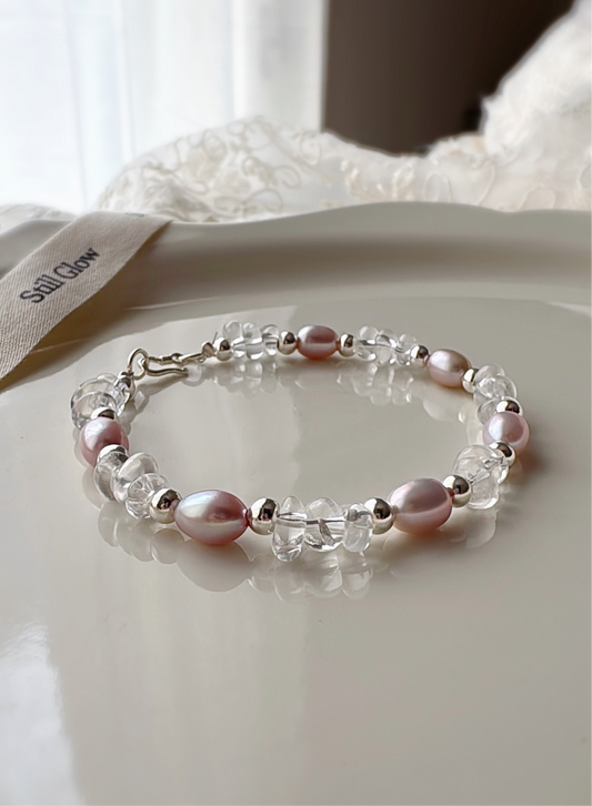 Aurora Dream｜Blush-Violet Freshwater Pearl × Clear Quartz × 925 Silver Bracelet