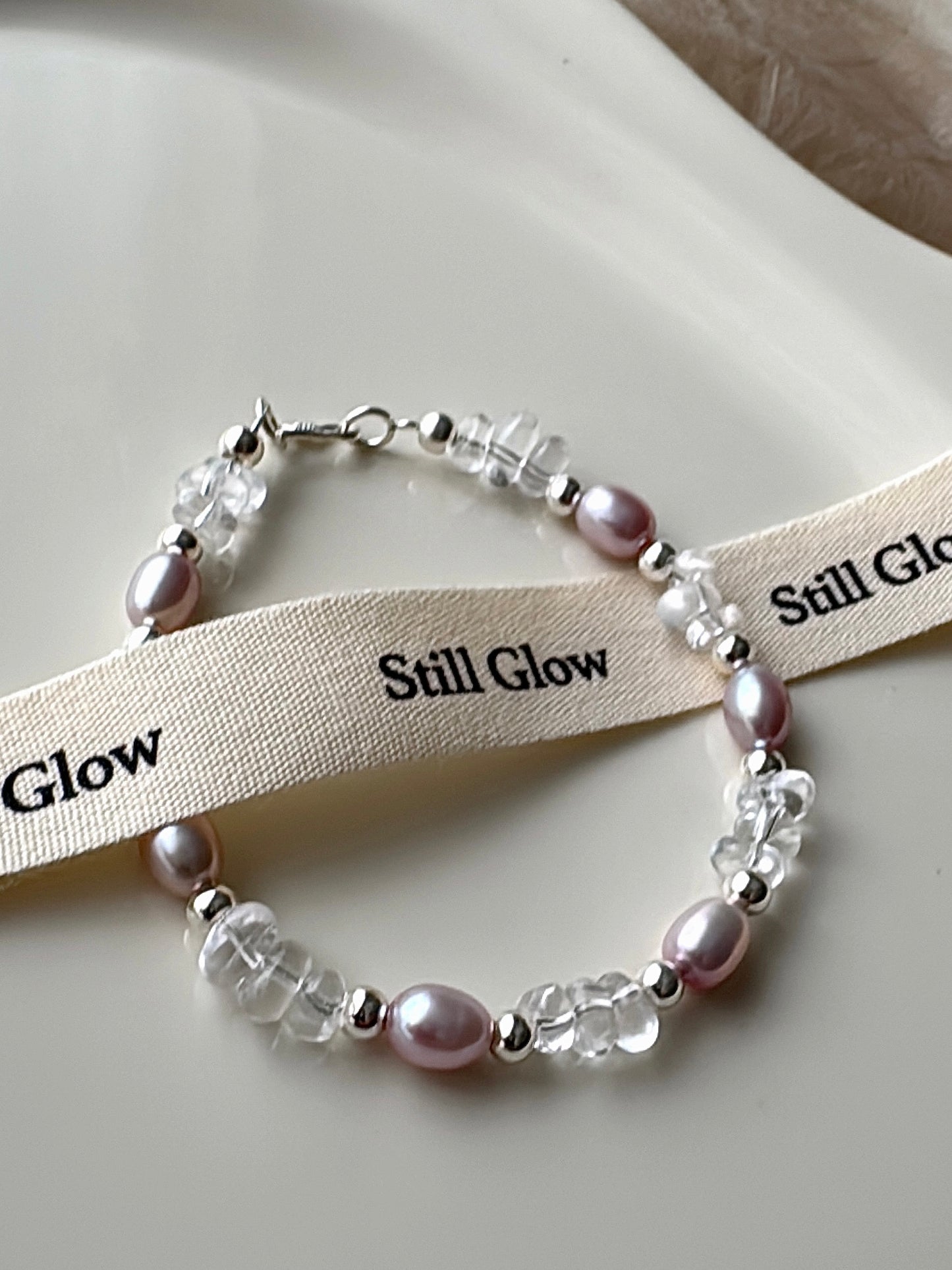 Aurora Dream｜Blush-Violet Freshwater Pearl × Clear Quartz × 925 Silver Bracelet
