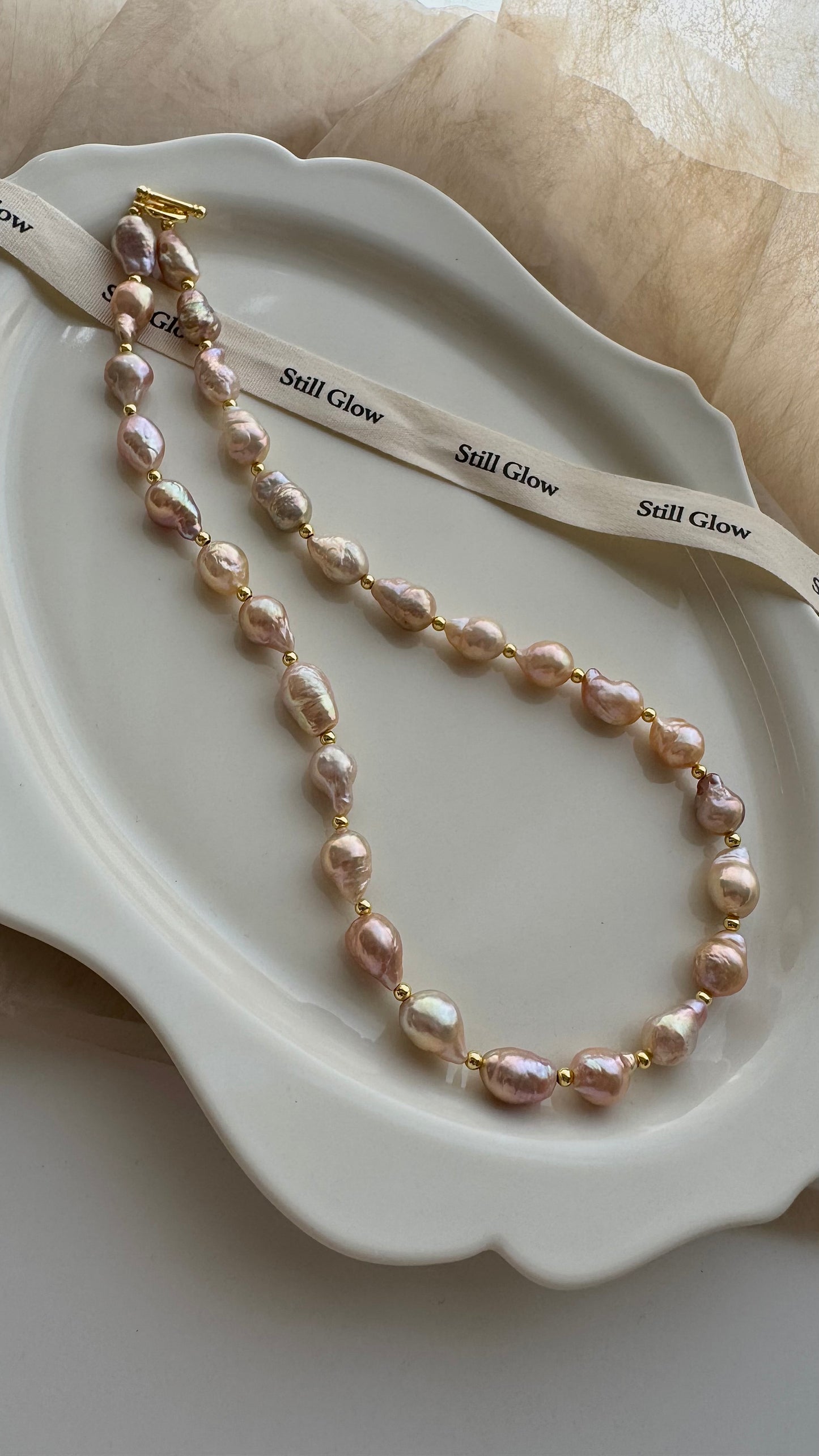 Sunset Glow | Golden-Pink Baroque Pearl Necklace, Handmade Freshwater Pearls with Gold Accents