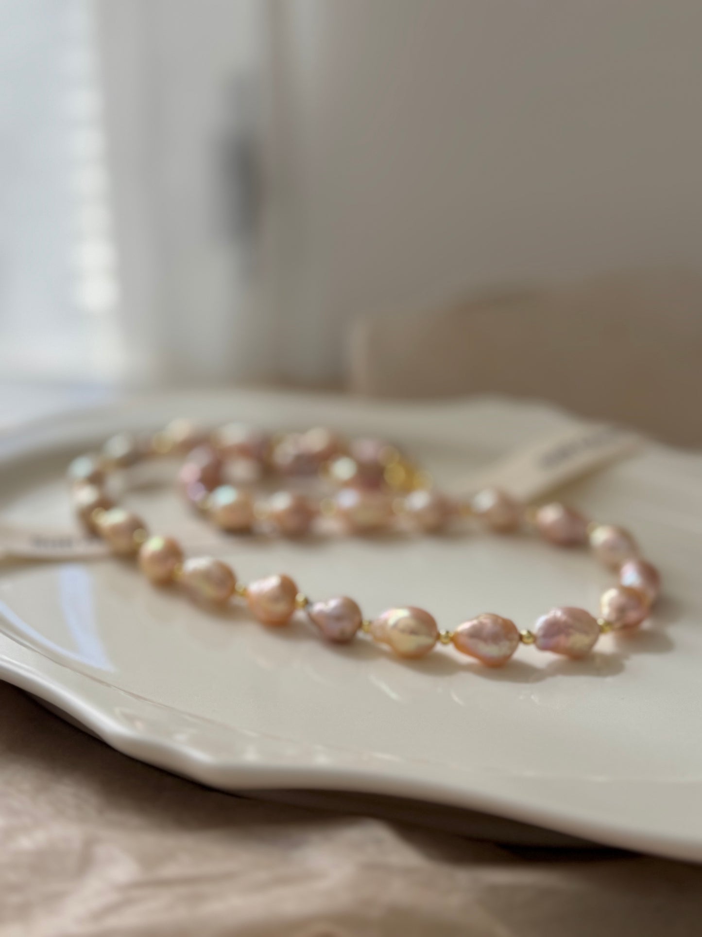 Sunset Glow | Golden-Pink Baroque Pearl Necklace, Handmade Freshwater Pearls with Gold Accents