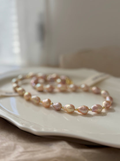 Sunset Glow | Golden-Pink Baroque Pearl Necklace, Handmade Freshwater Pearls with Gold Accents