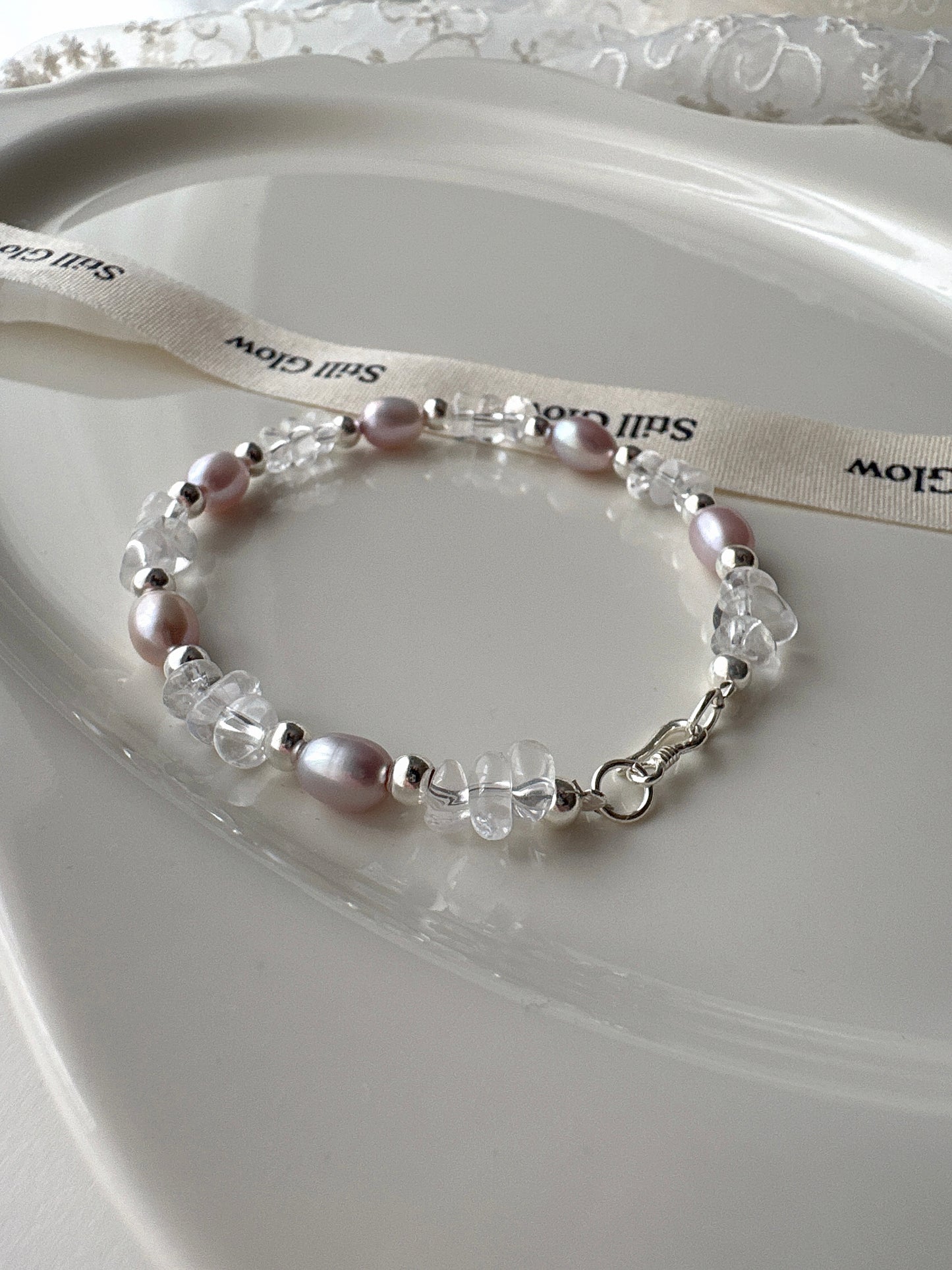 Aurora Dream｜Blush-Violet Freshwater Pearl × Clear Quartz × 925 Silver Bracelet