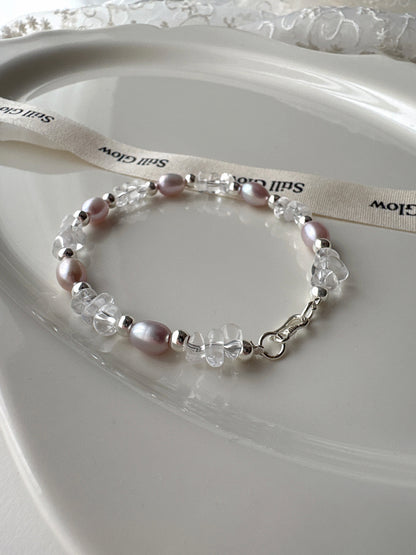 Aurora Dream｜Blush-Violet Freshwater Pearl × Clear Quartz × 925 Silver Bracelet