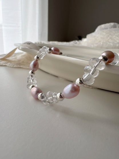 Aurora Dream｜Blush-Violet Freshwater Pearl × Clear Quartz × 925 Silver Bracelet