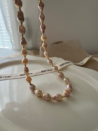 Sunset Glow | Golden-Pink Baroque Pearl Necklace, Handmade Freshwater Pearls with Gold Accents