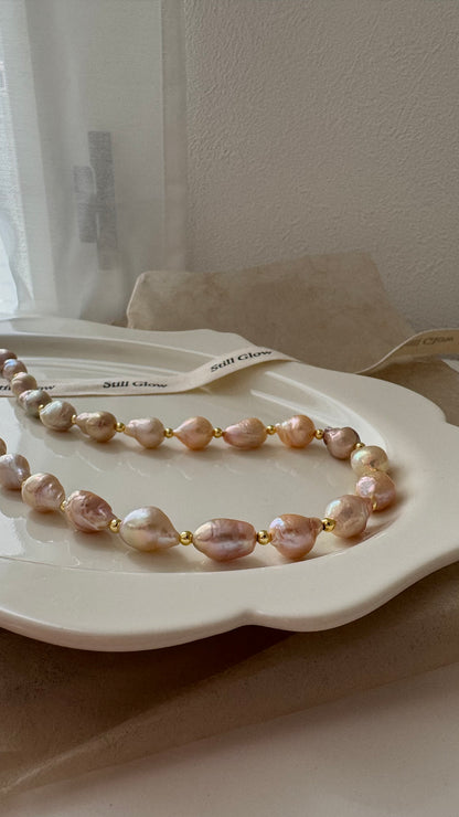 Sunset Glow | Golden-Pink Baroque Pearl Necklace, Handmade Freshwater Pearls with Gold Accents