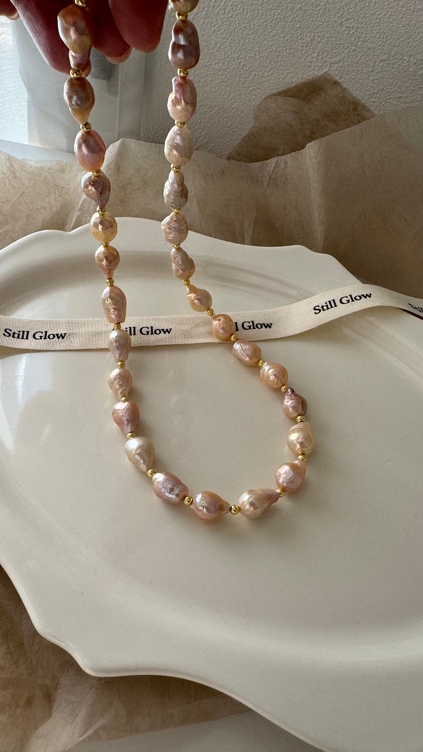 Sunset Glow | Golden-Pink Baroque Pearl Necklace, Handmade Freshwater Pearls with Gold Accents