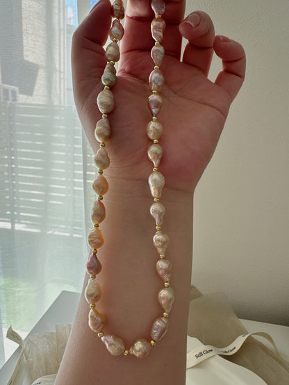 Sunset Glow | Golden-Pink Baroque Pearl Necklace, Handmade Freshwater Pearls with Gold Accents