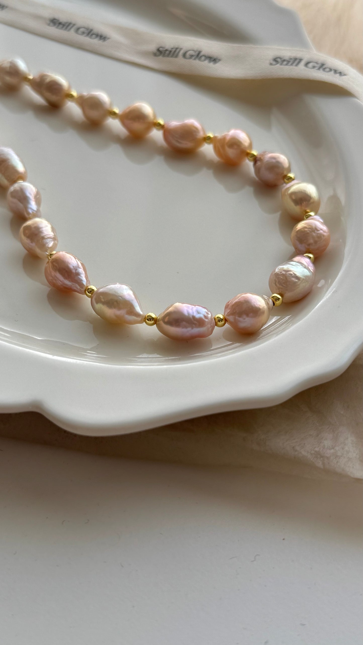 Sunset Glow | Golden-Pink Baroque Pearl Necklace, Handmade Freshwater Pearls with Gold Accents